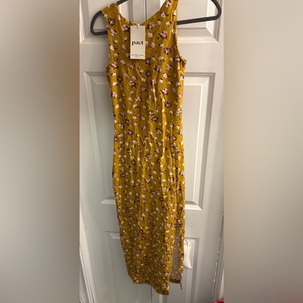 NWT Pact Organic Cotton Dress Mustard Floral Slit